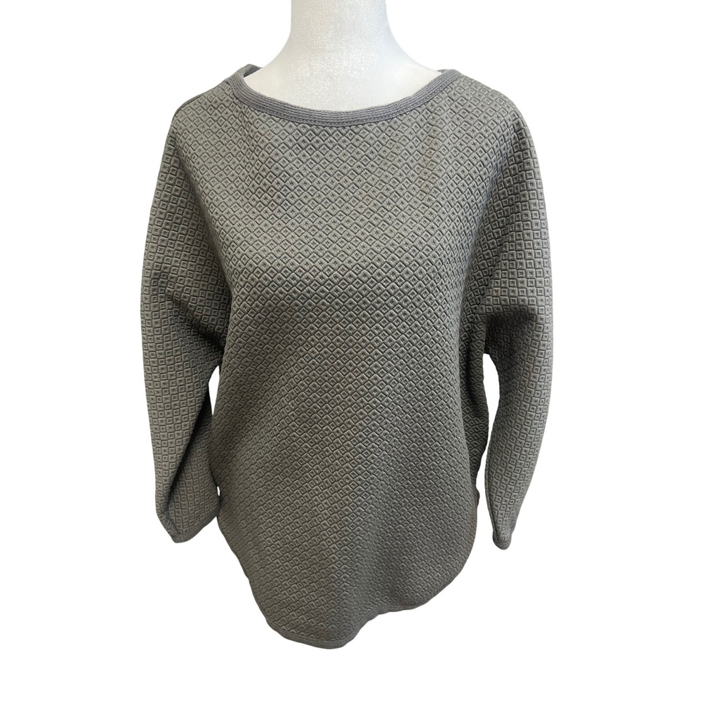 Quilted Pullover Top Swestshirt‎ Gray Diamond Texture Sz L Cozy Coastal Neutral